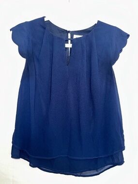 Monteau | Blue Chiffon Scallop Sleeve Top | S